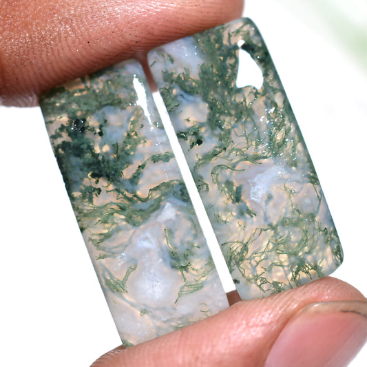Rectangular Moss Agate Stone Pair – Unique Patterns and Earth Tones for Custom Jewelry Projects (12x27x3mm,/28ct)