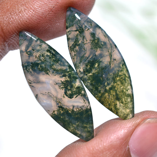 Moss Agate Gemstone Pair – Smooth Polished Matched Pair (11x30x3mm,/22ct)