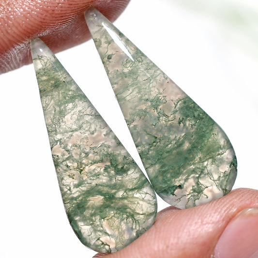 Stunning Moss Agate Matched Pair Gemstone –  Green Earth-Toned Stones for Custom Jewelry Creations(12x32x3mm,/26ct)