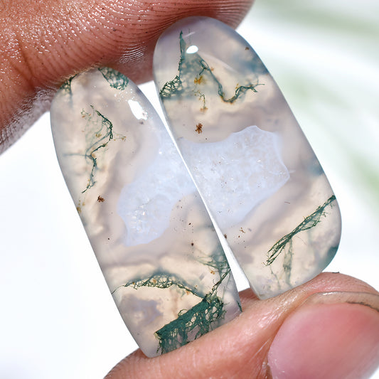 Elegant Moss Agate Stone Pair – Natural Fancy Cut Smooth Matched Gemstone for Earring Making (10x27x3mm,/28ct)