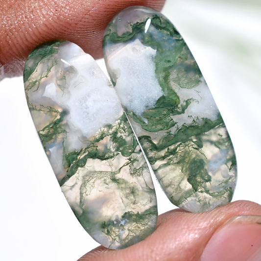 High-Quality Moss Agate Pair – Oval Shaped Smooth Matched Gemstone for Handmade Jewelry (11x31x3mm,/34ct)