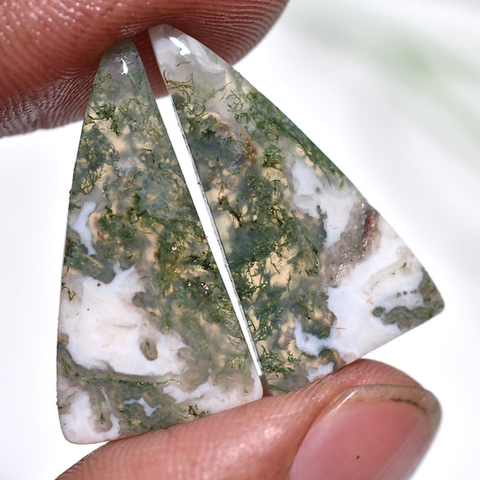 Exquisite Moss Agate Matching Pair – Natural Green Inclusions Gemstone for Artisan Jewelry (13x27x3mm,/19ct)