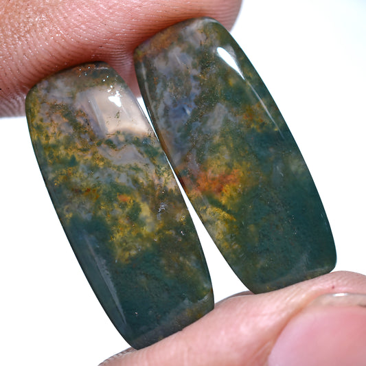 Natural Rectangle Moss Agate Pair – Polished Green Botanical Gemstone for Wire Wrap & Jewelry Making (10x24x3mm,/26ct)