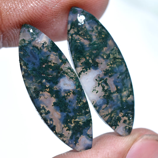 Verdant Marquise Moss Agate Stone Pair with Intricate Green Patterns for Statement Jewelry (10x31x3mm,/24ct)