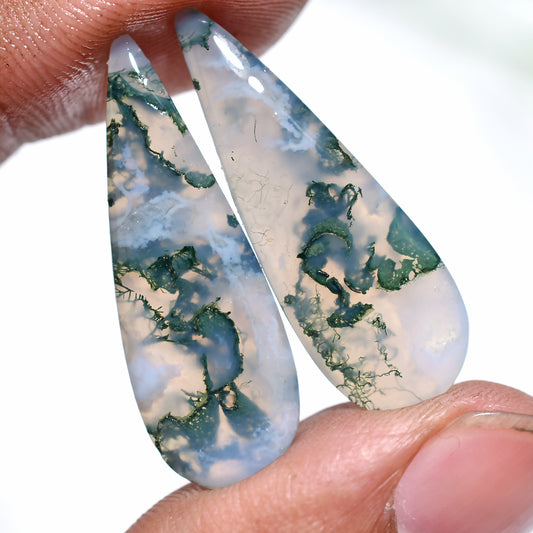 Lush Green Moss Agate Pair Gemstone – Teardrop Shaped Natural Crystal for Jewelry (11x31x3mm,/26ct)