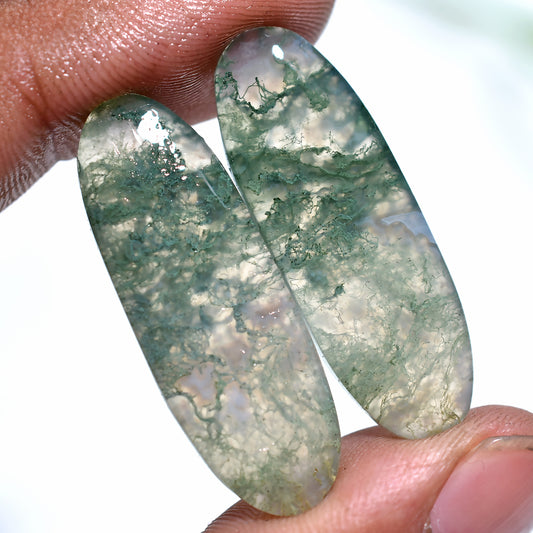 Beautiful Oval Moss Agate Gemstone Pair  – Polished Matched Stones For Custom Jewelry (10x35x3mm,/37ct)