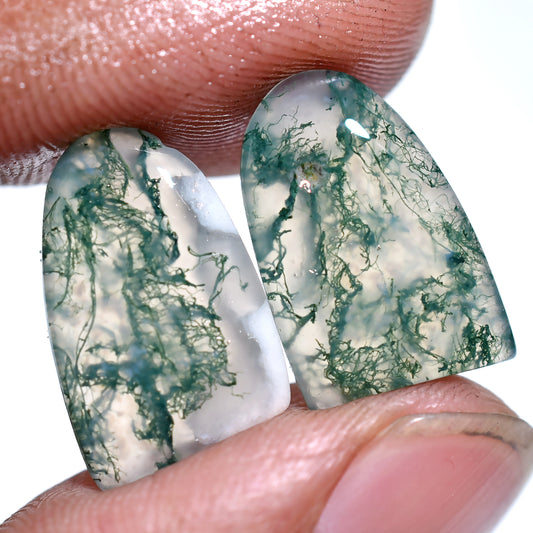Unique Moss Agate Gemstone Pair – Bold Green & White Veined Stones (10x15x3mm,/14ct)