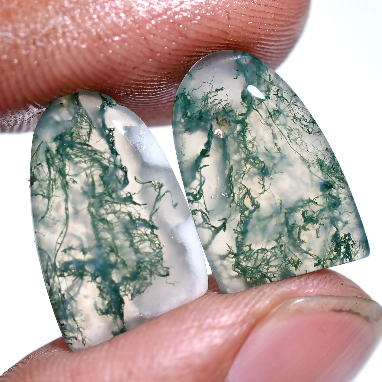 Unique Moss Agate Gemstone Pair – Bold Green & White Veined Stones (10x15x3mm,/14ct)