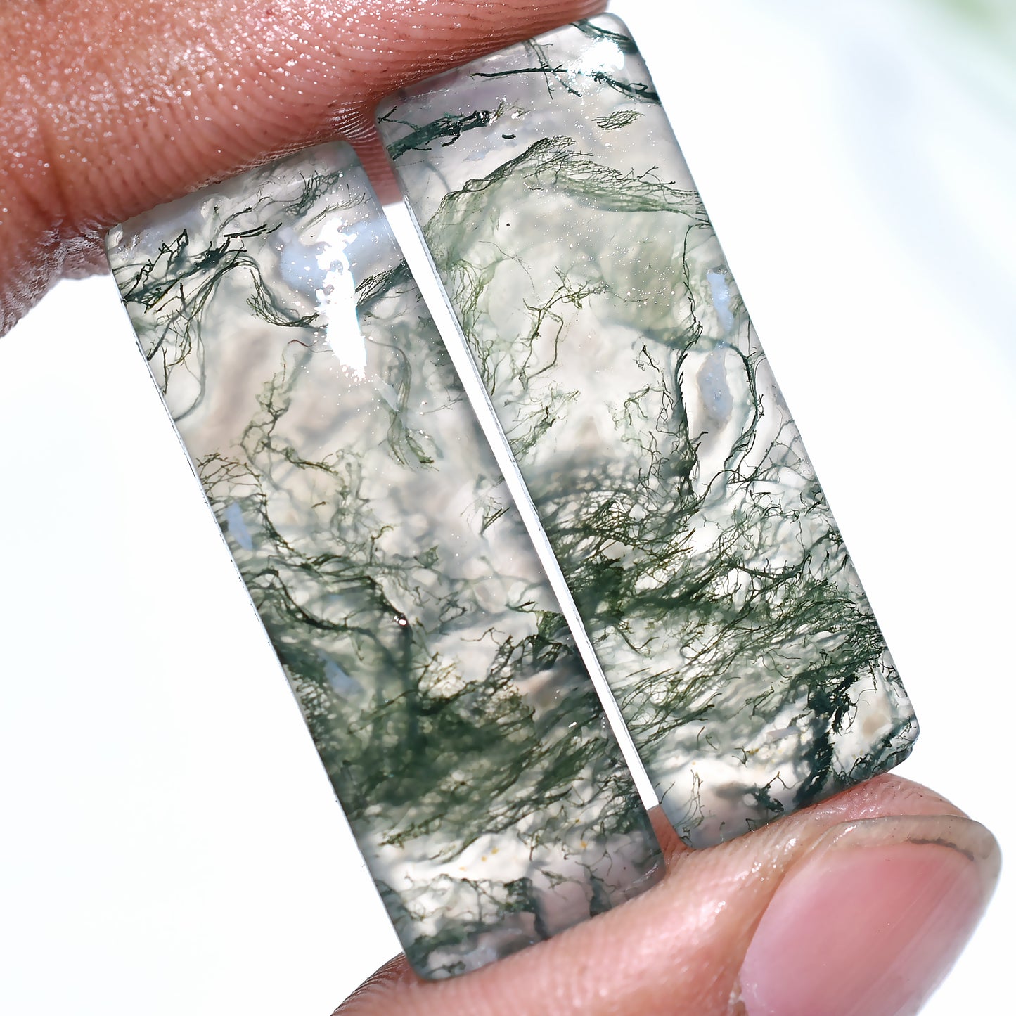Exquisite Moss Agate Gemstone Pair – Polished Natural Green Crystals