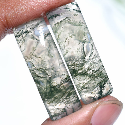Exquisite Moss Agate Gemstone Pair – Polished Natural Green Crystals (10x33x3mm,/35ct)