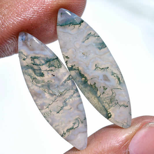 Delicate Marquise Moss Agate Stone – Pair Matching Cabochons for Jewelry Making (10x30x3mm,/27ct)