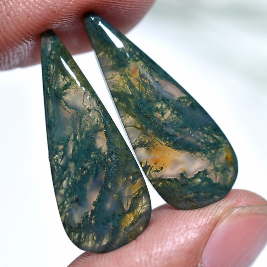 Green Veined Moss Agate Teardrop Shaped Gemstone Pair – Hand-Polished Matched Cabs for Jewelry Projects (10x28x3mm,/21ct)