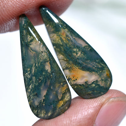Green Veined Moss Agate Teardrop Shaped Gemstone Pair – Hand-Polished Matched Cabs for Jewelry Projects (10x28x3mm,/21ct)