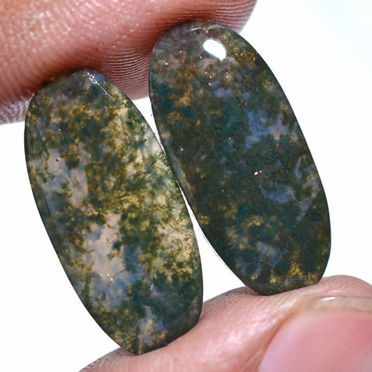 Natural Moss Agate Pair Gemstone – Matched Set With Green Mossy Inclusions (10x25x3mm,/20ct)