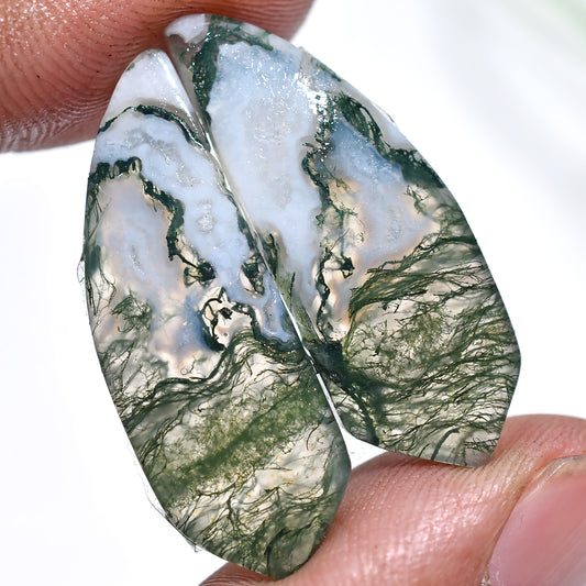 Ethereal Moss Agate Gemstone Pair – Fancy Shaped Forest Veined Designer Crystal Set (10x30x3mm,/25ct)