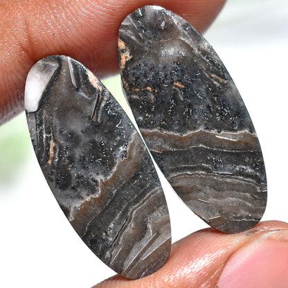 Oval Shape Zebra Calcite Cabochon Pair – Natural Matching Gemstones (10x27x2mm,/27ct)