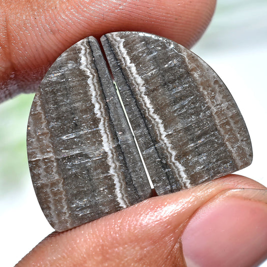 Natural Zebra Calcite Pair – Fancy Shaped Smooth Matched Cabochons (11x22x3mm,/27ct)