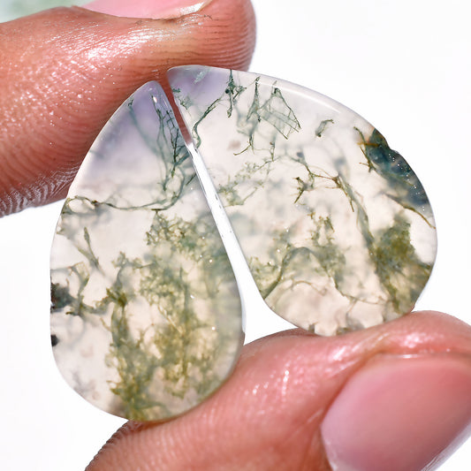 Moss Agate Pair Cabochons - Pear Shaped Agate Crystal Pairs for Custom Earrings