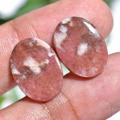 Oval Rhodochrosite Gemstone Pair – Natural Pink Matching Cabochons (11x16x2mm,/17ct)