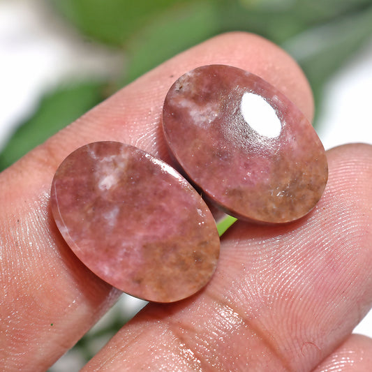 Natural Rhodochrosite Gemstone Pair – Oval Pink Matching Cabochons (11x18x2mm,/24ct)