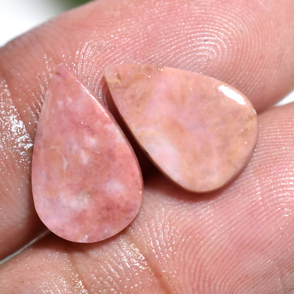 Natural Rhodochrosite Pear Pair – Smooth Pink Crystal Cabochons (8x13x2mm,/8ct)