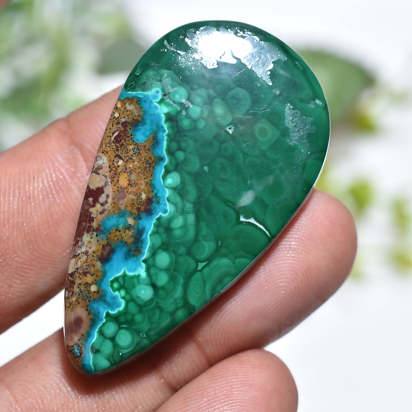 Designer Malachite Azurite Cabochon – Teardrop Shaped Green Blue Gemstone (24x45x4mm,/60ct)