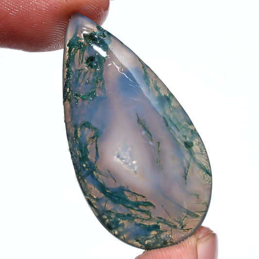 Green Moss Agate Cabochon – Natural Smooth Polished Teardrop Gemstone (20x41x2mm,/32ct)