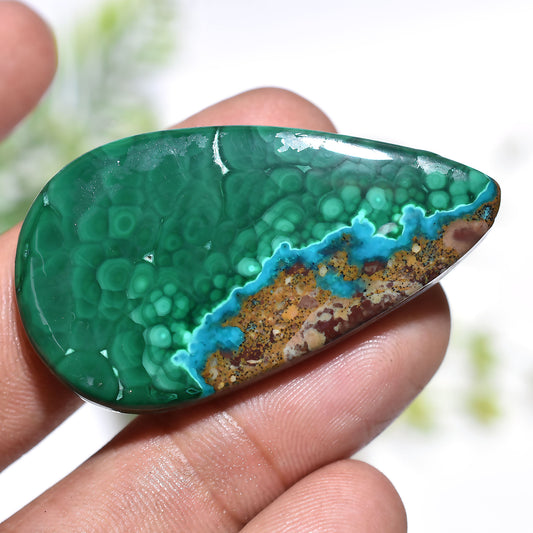 Designer Malachite Azurite Cabochon – Teardrop Shaped Green Blue Gemstone (24x45x4mm,/60ct)