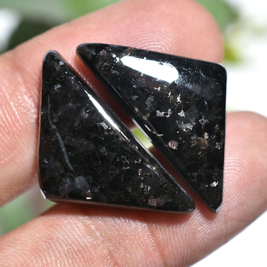 Natural Nuummite Gemstone Pair – Fancy Shape Cabochons with Golden Flash (12x26x3mm,/24ct)