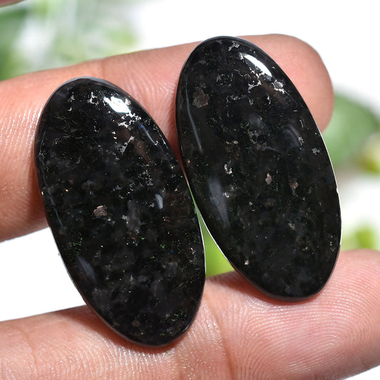 Stunning Nuummite Pair Gemstone – Oval Shaped Cabochons with Golden Shimmer (15x30x3mm,/45ct)
