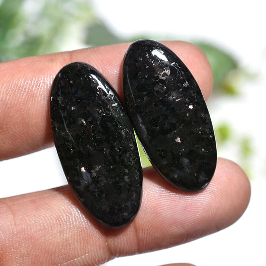 Natural Nuummite Gemstone Pair – Oval Cut Cabochons with Golden Glow (12x31x2mm,/36ct)