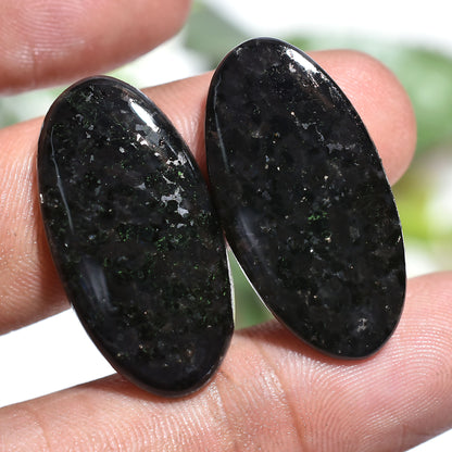 Nuummite Oval Shape Gemstone Pair – Black With Golden Sparkling Cabochon Set (13x30x2mm,/36ct)