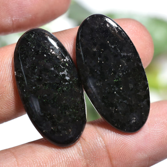 Nuummite Oval Shape Gemstone Pair – Black With Golden Sparkling Cabochon Set (13x30x2mm,/36ct)