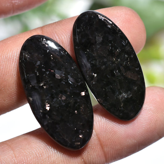 Beautiful Nuummite Oval Gemstone Pair – Black Cabochons with Golden Spark (14x30x3mm,/43ct)
