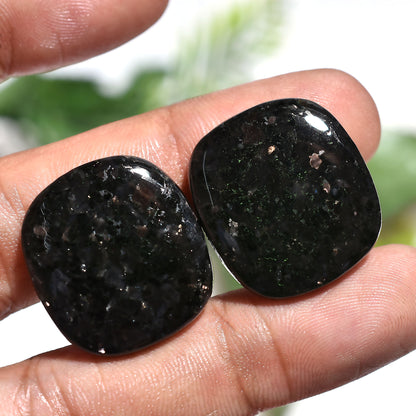 Natural Nuummite Gemstone Pair – Cushion Shape Cabochons with Golden Flashes (20x23x2mm,/52ct)
