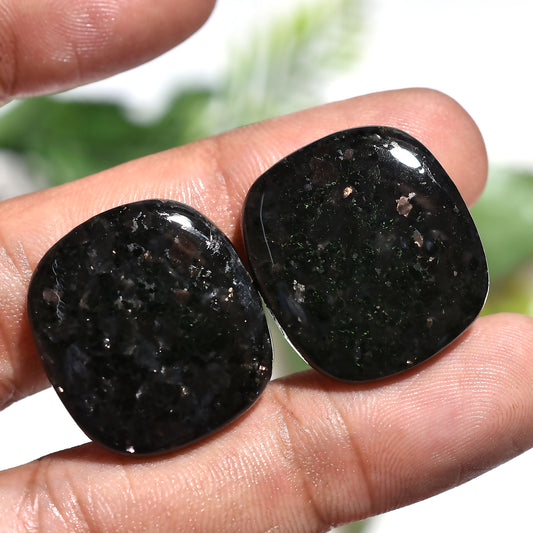 Natural Nuummite Gemstone Pair – Cushion Shape Cabochons with Golden Flashes (20x23x2mm,/52ct)