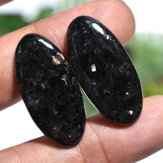 Elegant Nuummite Gemstone Pair – Oval Black Stones with Golden Sparkle (13x31x3mm,/43ct)