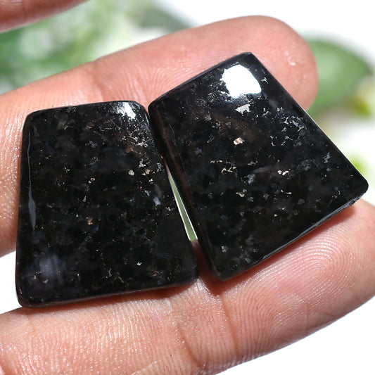 Natural Nuummite Gemstone Pair – Black Cabochons with Golden Spark (18x22x3mm,/47ct)