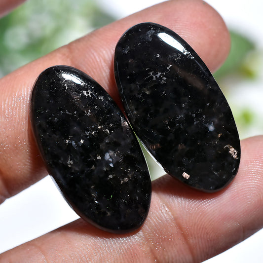 Golden Nuummite Oval Gemstone Pair – Black Shimmering Natural Cabochons Set (15x30x2mm,/43ct)