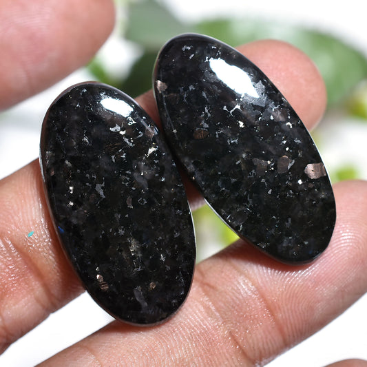 Oval Shape Nuummite Pair Gemstones – Rare Black Cabochon with Golden Flash (15x30x2mm,/51ct)