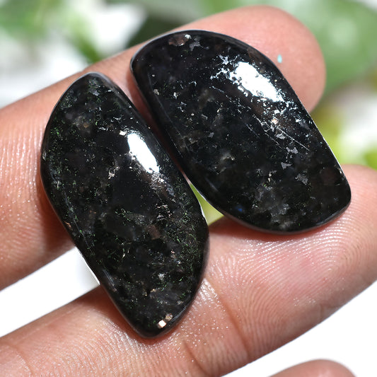 Beautiful Nuummite Gemstone Pair – Fancy Shape Black With Golden Cabochons (12x30x3mm,/40ct)
