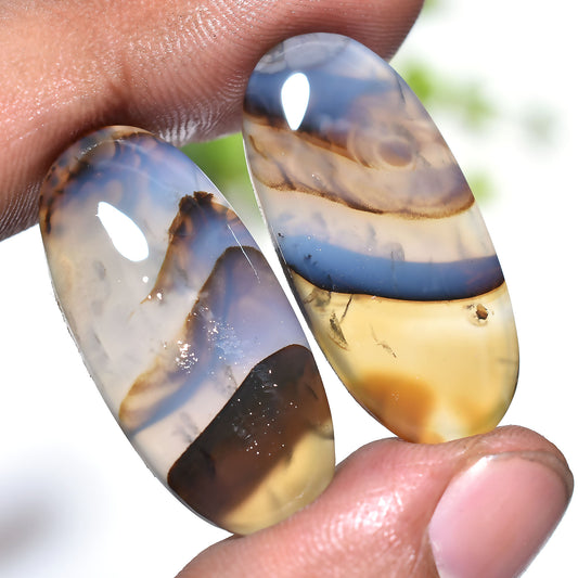Attractive Montana Agate Gemstone Pair – Natural Oval Shaped Matching Cabochon Set (13x30x3mm,/44ct)