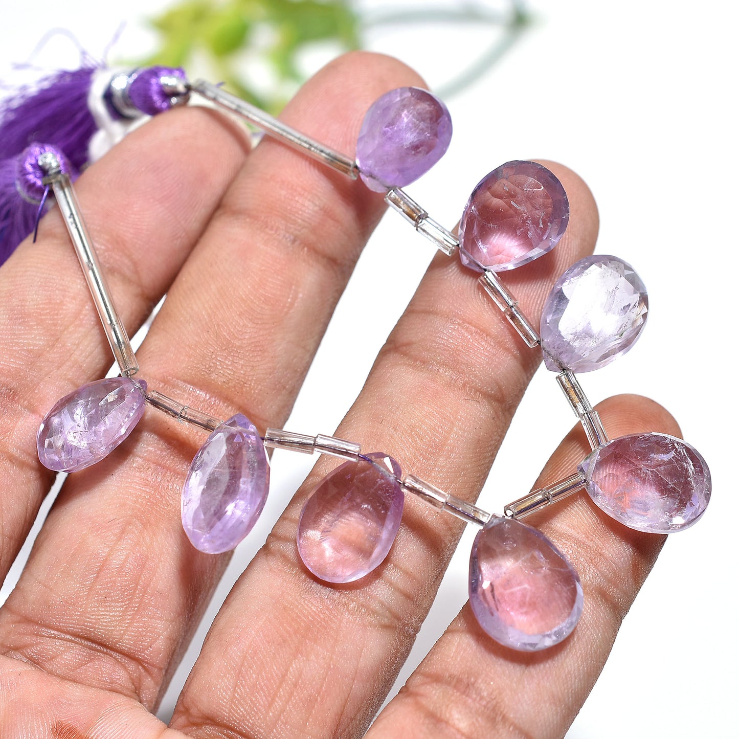 Faceted Pink Amethyst Briolette Beads: 6 Inch Gemstone Strand For Necklace Jewelry