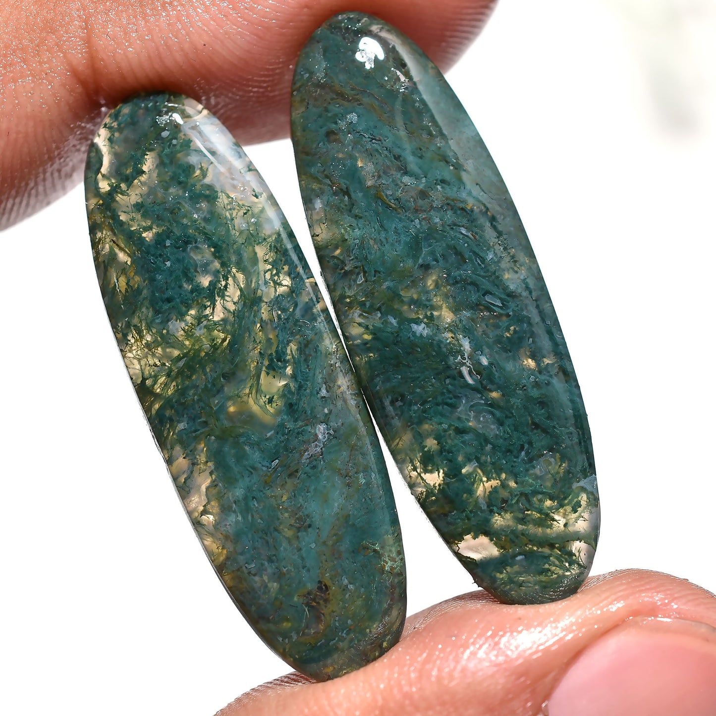 Exquisite Moss Agate Gemstone Pair – Polished Natural Green Crystals