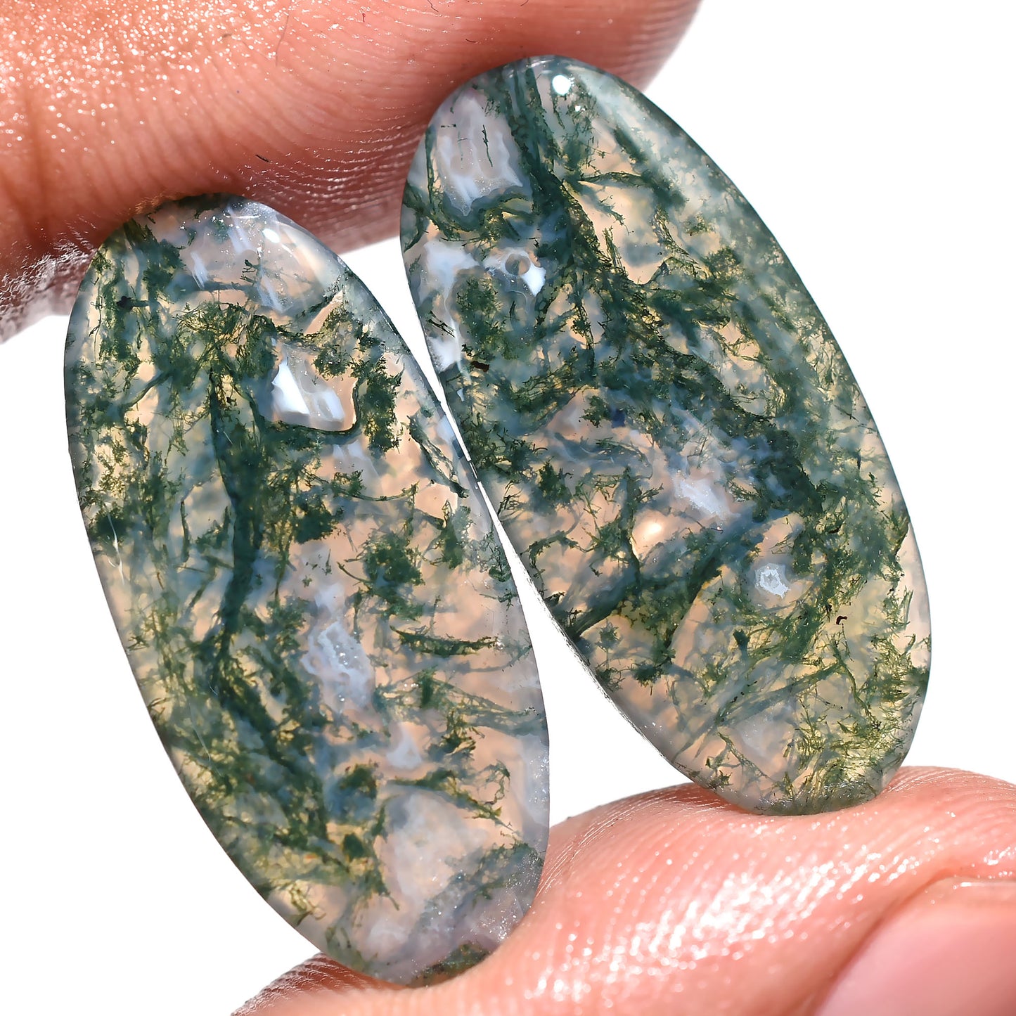 AAA Quality Moss Agate Cabochons Pair – Green Oval Gemstones for Jewelry Making