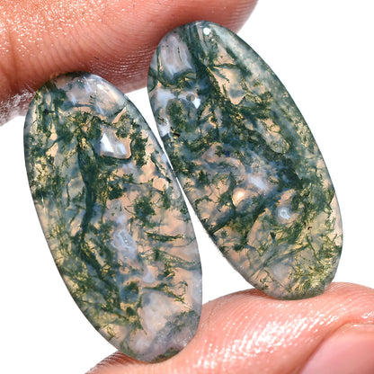 AAA Quality Moss Agate Cabochons Pair – Green Oval Gemstones for Jewelry Making