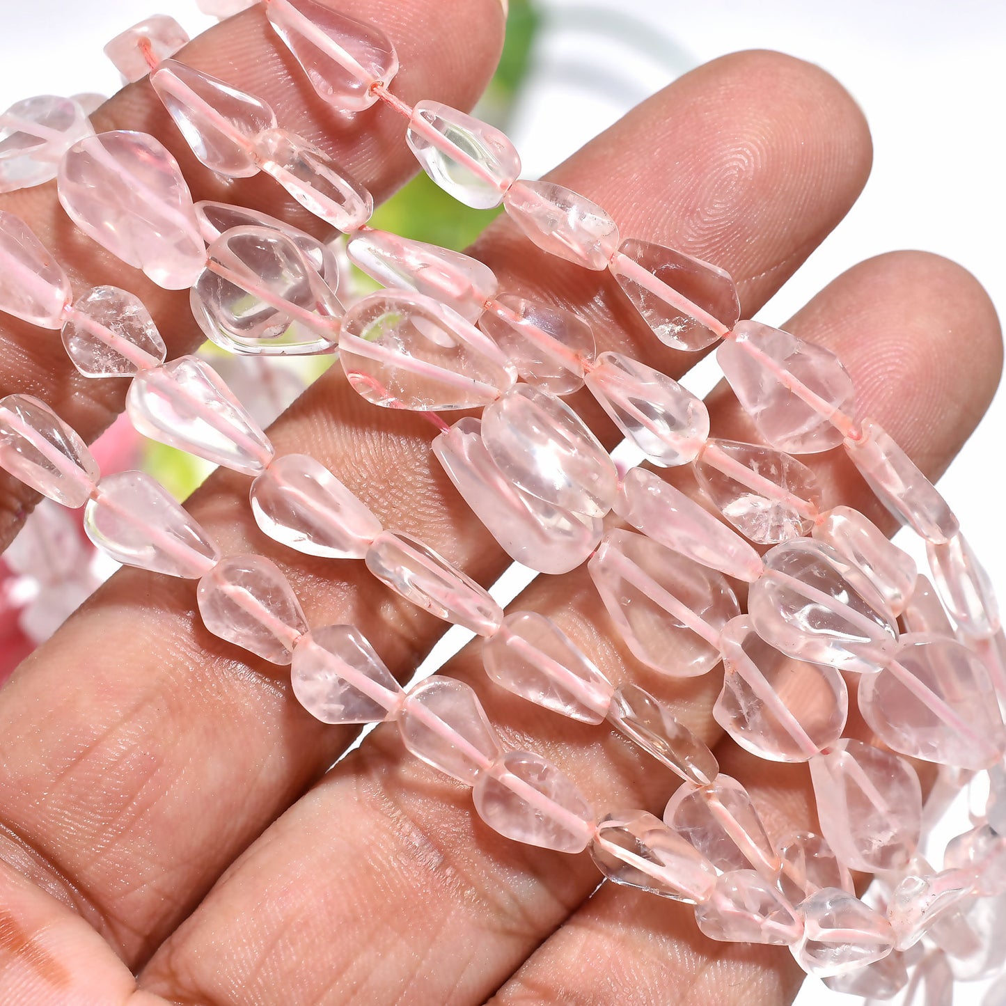 Natural Rose Quartz Beads – Polished Uneven Pear Shape Gemstone Strand