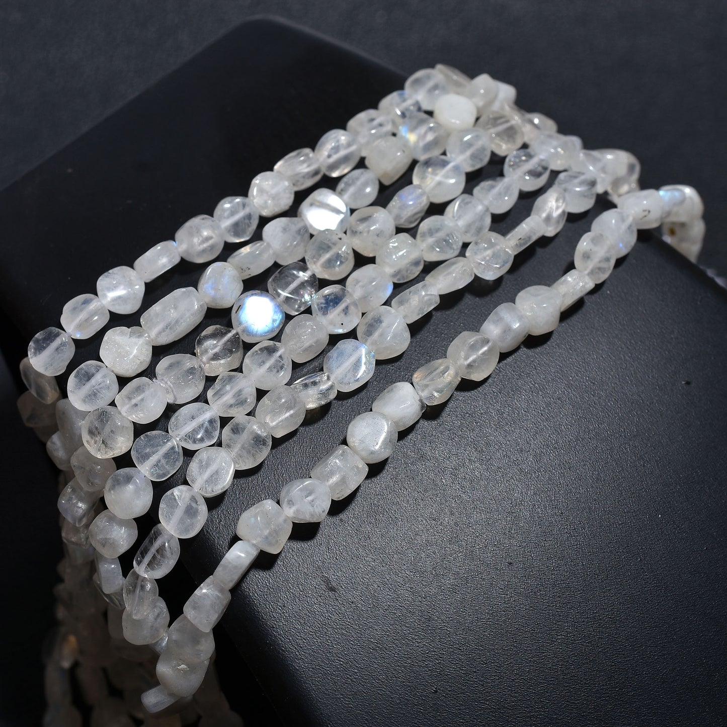 Natural Rainbow Moonstone Coin Beads – Smooth 5-6mm Blue Fire Strand