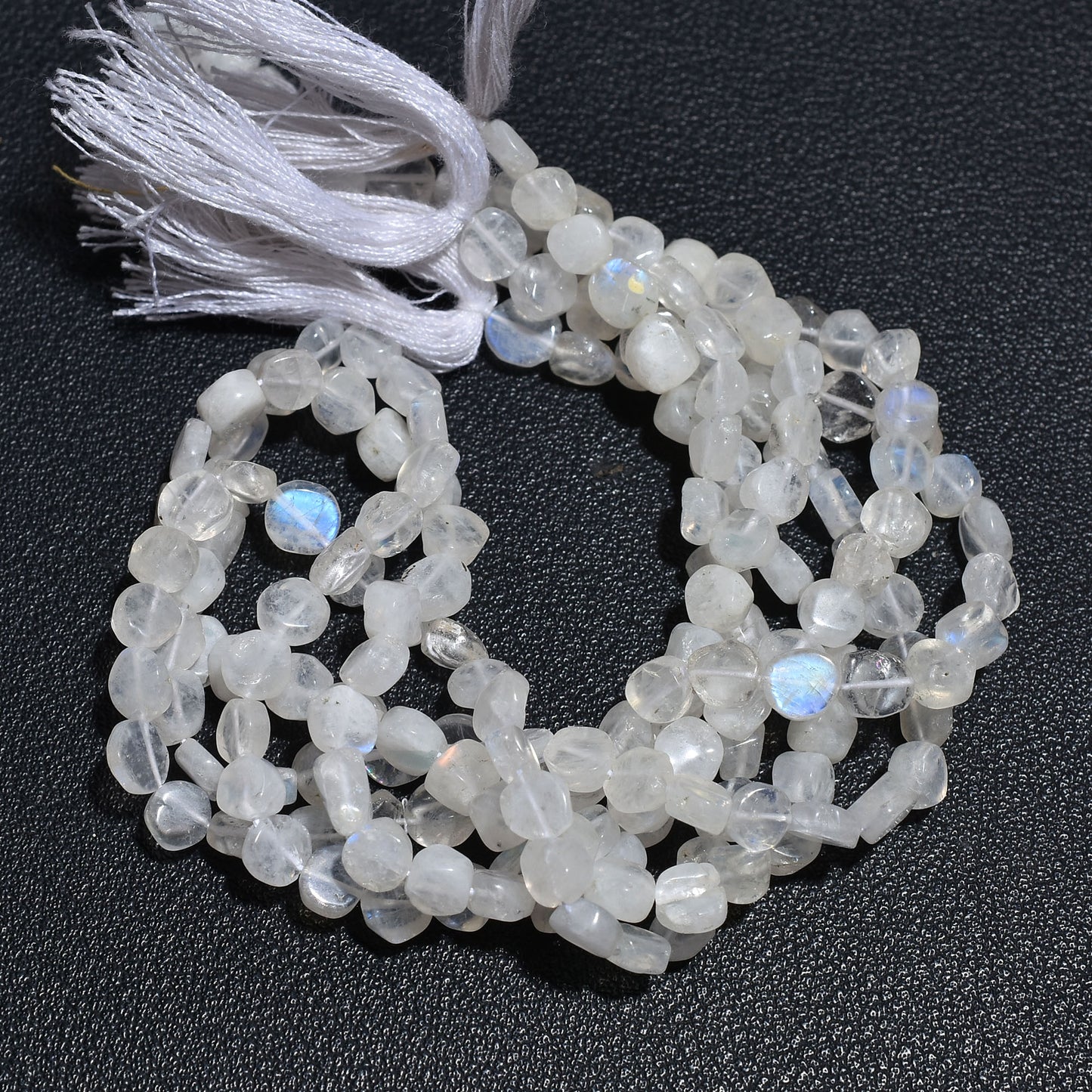 Natural Rainbow Moonstone Coin Beads – Smooth 5-6mm Blue Fire Strand