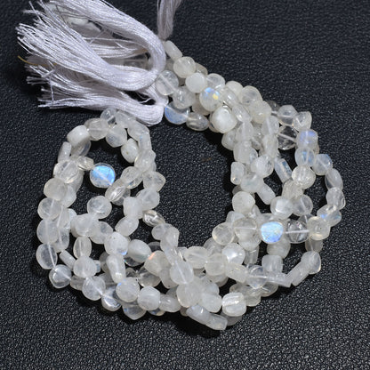 Natural Rainbow Moonstone Coin Beads – Smooth 5-6mm Blue Fire Strand